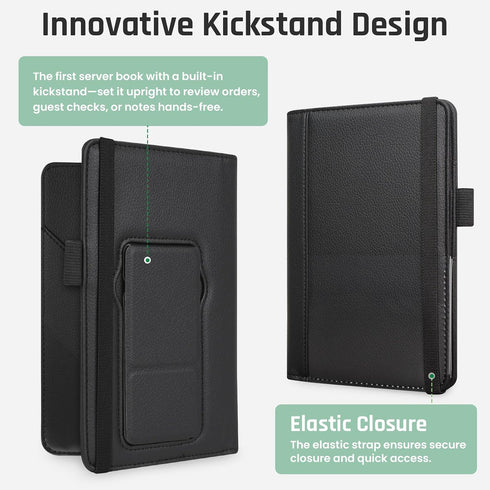 6 5.12" 7.91", RSAquar Premium Server Book with Kickstand & Hand Strap Waiter Book Organizer with Pockets, Pen Holder