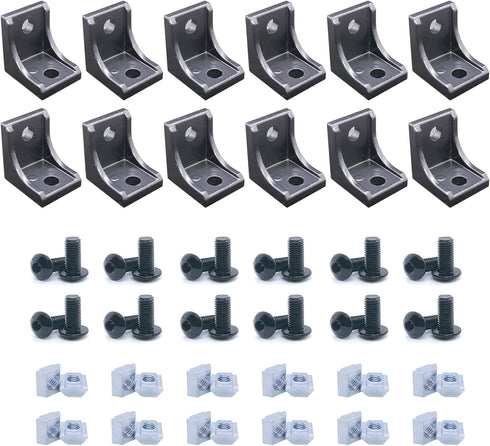 12Sets 1010 Series Extruded Aluminum Corner Bracket - 24pcs Black Corner Brackets with T Nuts and Screws