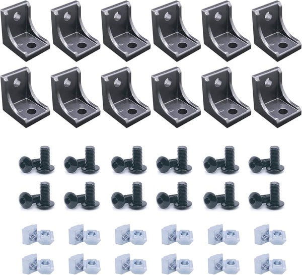 12Sets 1010 Series Extruded Aluminum Corner Bracket - 24pcs Black Corner Brackets with T Nuts and Screws