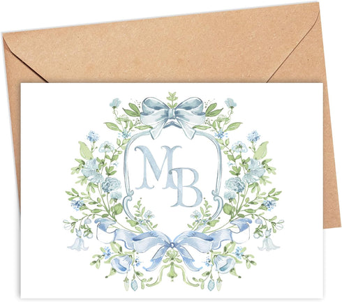 Designing Moments 2 Letter Monogram Cards, Watercolor Blue Green Crest Personalized Monogram Stationary for