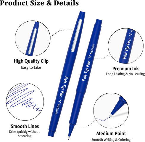 Lelix Felt Tip Pens, 60 Blue 0.7mm Medium Point Markers for Journaling, Writing, Note Taking, Art, Office, School