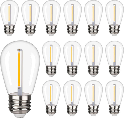Shatterproof & Waterproof S14 LED Bulbs, Warm White 2200K, 70LM, E26 Base, 120V, 15 Pack Replacement Patio Lights