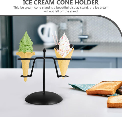2-slot DOITOOL Ice Cream Cone Holder Stand, Iron Ice Cream Display Rack with Base, Black Egg Cone Holder for Dessert
