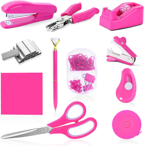 Hot Pink Desk Accessory Kit, Cute Office Supplies Set with Stapler, Remover, Hole Punch, Tape Dispenser, Scissors