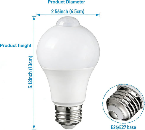 Bulb 9W, 60W 900LM 6500K E26/E27 A19 Bulb 10-20ft Motion Sensor Light Equivalent Daylight, LED with Dusk-to-Dawn