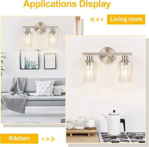 Apenath 2-Light Wall Sconce Light Fixtures, Brushed Nickel Finish Wall Light with Clear Glass Shade, Modern Vanity