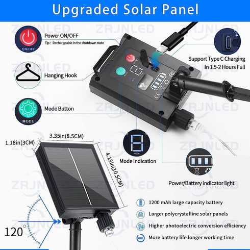 10 10Ft 300LED 8 Dimmable Solar Curtain Lights Outdoor x Waterproof Waterfall Light with Modes Remote USB Rechargeable