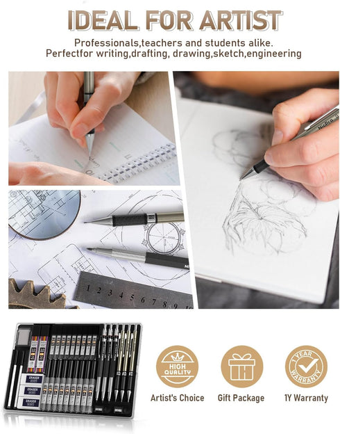 Nicpro 35PCS Art Mechanical Pencil Set, 3 PCS Metal Drafting Pencil with 20 Tube Lead Refills Case