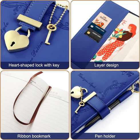 A5 Girls Diary with Lock and Key, Cute Heart Shaped Lock Journal for Women, Refillable Vintage Secret PU Leather