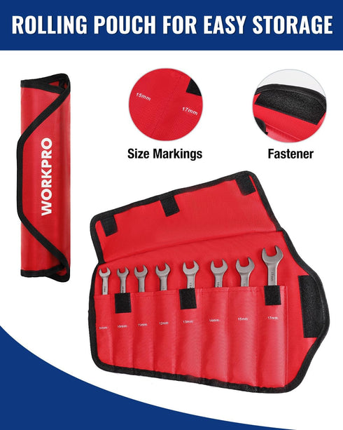 8-piece Set, 9-17 mm, 72-Teeth, WORKPRO Flex-Head Ratcheting Combination Wrench Metric Cr-V Constructed, Nickel Plating