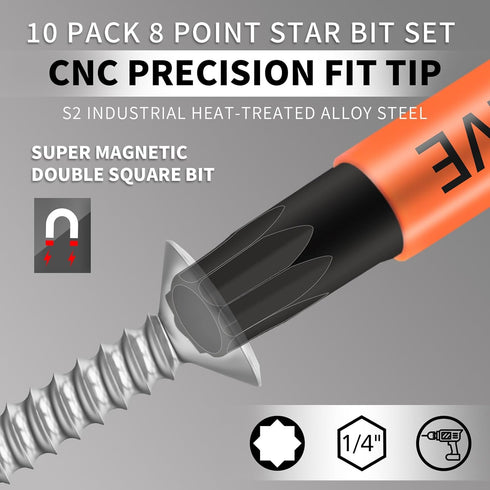 10-Pack 8 Point Star Bit - Professional 8 Point Torx Bit (Magnetic Heads & Hex Shank) - Double Square Bit Set Made of Premium S2 Alloy Steel - 8 Point Star Bit for Trailer - Sizes #1, 2 and #3