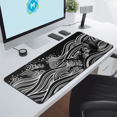 Gaming Mouse Pad - Large 31.5 x 11.8 in Black and White with Non-Slip Rubber Base and Stitching Edges
