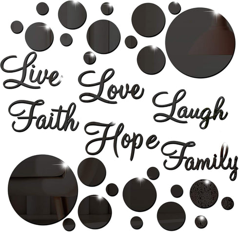 Zonon 3D Acrylic Mirror Wall Decor Stickers, 6 Word DIY Faith Live Laugh Hope Love - Black
