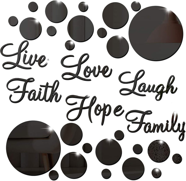 Zonon 3D Acrylic Mirror Wall Decor Stickers, 6 Word DIY Faith Live Laugh Hope Love - Black
