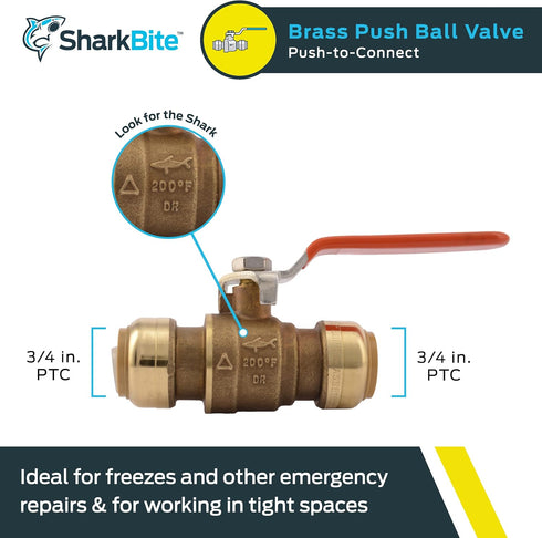 SharkBite 3/4 Inch Ball Valve, Push to Connect Brass Plumbing Fitting, Water Shut Off