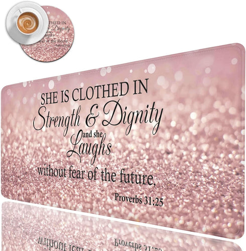 Large Gaming Mouse Pad - Long Extended XL Ergonomic Desk Pad, 31.5'' X 11.8', Proverbs 31:25, Pink Glitter Design