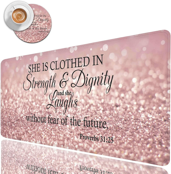 Large Gaming Mouse Pad - Long Extended XL Ergonomic Desk Pad, 31.5'' X 11.8', Proverbs 31:25, Pink Glitter Design