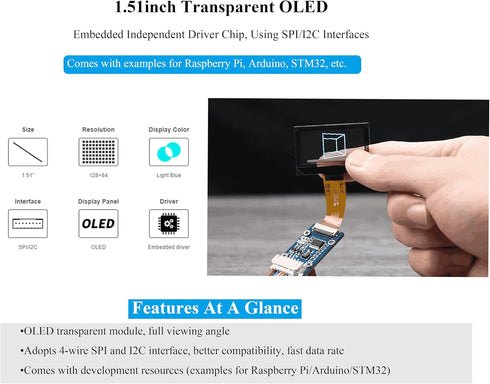 UeeKKoo 1.51inch 5/4B/3B+/3B/A+/Pi 2W, 128 64 SPI/I2C Transparent OLED Compatible with Raspberry Pi Zero W/Pi Zero x