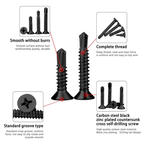 #10 x 1-1/2" Phillips Flat Head Self Drilling Screws - 35Pcs Black Zinc Plated Carbon Steel Countersunk Flat Head Wood