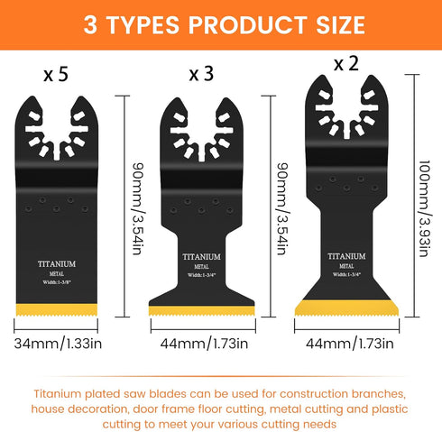 JTWEB Titanium Oscillating Tool Blade, 10PCS Oscillating Saw Blades Metal Cutting Multi Tool Blades Kits Wood and Metal Nails Plastic, Multitool Blades fit Dewalt Milwaukee Bosch Dremel Rockwell
