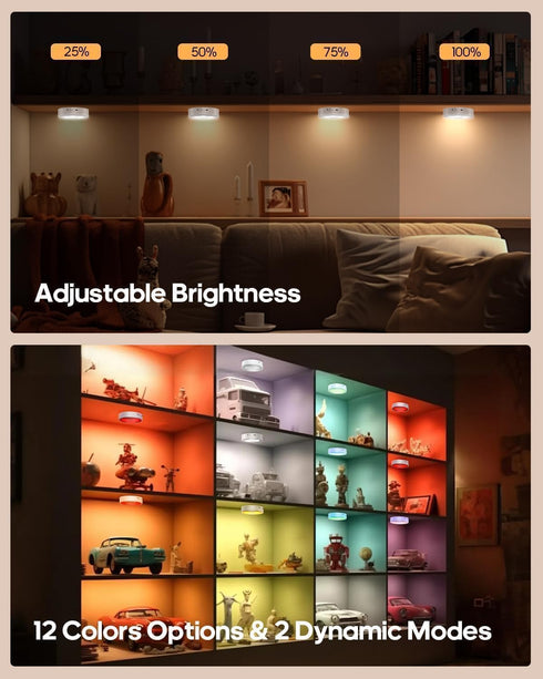 13 Dimmer Timer3 Pack GOODEA.fun Puck Lights with Remote, RGB Colors LED Under Cabinet Lights, Rechargeable Baterry