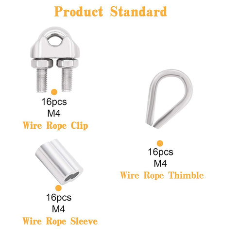16pcs Wire Rope Cable Clip/Clamp, 16pcs Thimble, 16pcs Aluminum Crimping Loop for 3/16 Inch Wire Rope