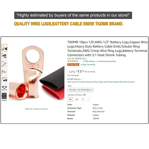 TKDMR 10pcs 1/0 Awg-3/8 Ring Marine Grade Copper Wire Lugs with 3:1 Heat Shrink Tubing, Heavy Duty Cable Ends