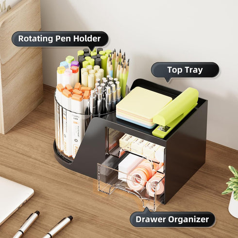 Marbrasse Desk Organizer with 2 Drawers, 360° Rotating Pen Holder, 6 Slots Pencil Organizer, Art Supply Storage (Black)