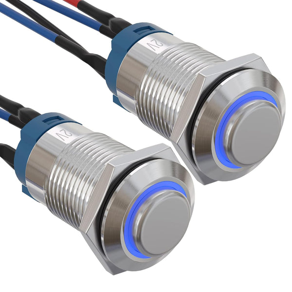 APIELE 12mm Latching Push Button Switch (Pcs of 2) - High Round Head Stainless Steel with Ring LED (Blue)