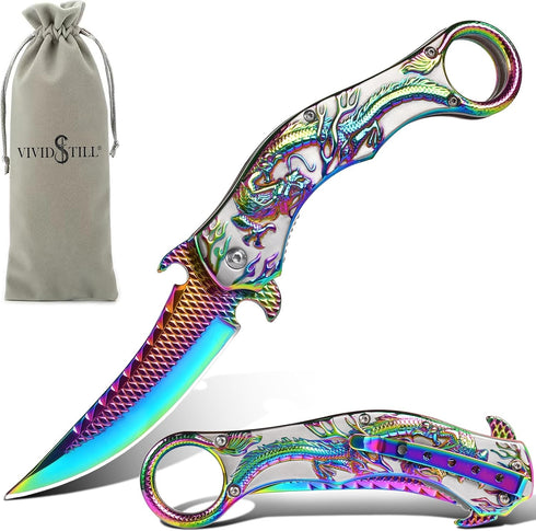 Pocket Knife for Men, Cool Folding Knife with 3D Dragon Relief, Great EDC Gift for Outdoor Survival Camping