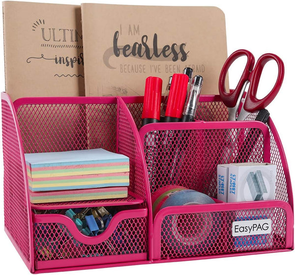 EasyPAG Mesh Desk Organizer, Multi-functional Caddy with 6 Compartments and 1 Drawer for Home, School