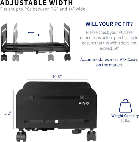 VIVO 7.8 14 inch CART-PC01L Large Computer Tower Desktop ATX-Case, CPU Steel Rolling Stand, to Wide Adjustable Mobile
