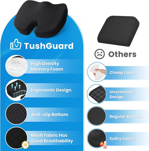 Tailbone TushGuard Office/ Car Seat Cushion, Non-Slip Sciatica & Back Coccyx Pain Relief Chair Pad, Memory Foam Butt