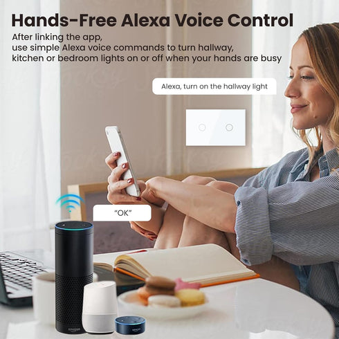 LOUYSGEN Switch,4.65 2.83 1.34 Inches,Neutral Panel,2.4GHz Alexa,110220V,Non-Dimmable,White 2 WiFi Light Wire