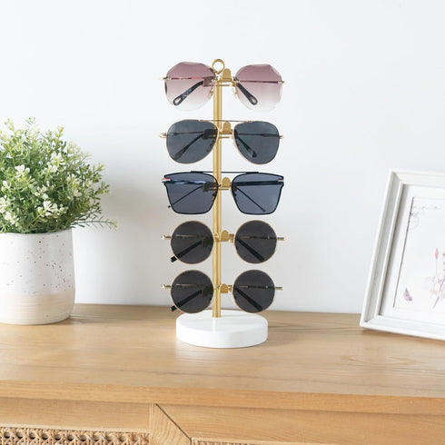 5 Dahey Sunglasses Organizer Metal Frame Glasses Holder Stand Anti Scratch Rack with Wood Tray for Eyeglasses Storage