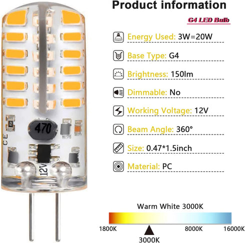 G4 LED Bulbs 12V 3W Bi-Pin, 48 3014 SMD, 20W Halogen Replacement, Silicone Coated, 220 Lumens, 10 Count