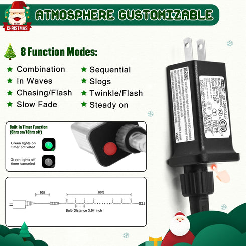 200 66ft 8 JMEXSUSS LED Christmas Lights Outdoor, Connectable Green String Lights Plug in, Modes Waterproof Green