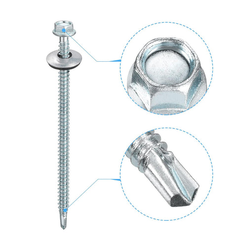 uxcell #12 x 4" Self Drilling Screws with Rubber Washer, 25pcs Zinc Plated Steel Roofing Screws