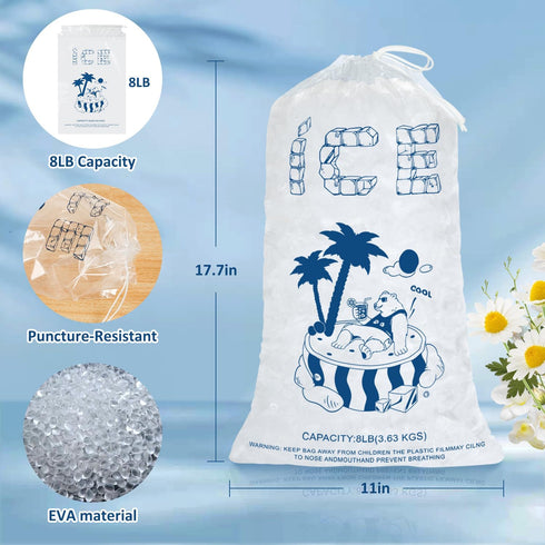 Ice Bags 8 Lb. with Drawstring, 50 Pack Ice Bags for Ice Machine, Heavy-Duty Reusable Ice Cube Bags, 19 x 11 inch Portable Storage and Freezer Keeper by ENNIYU