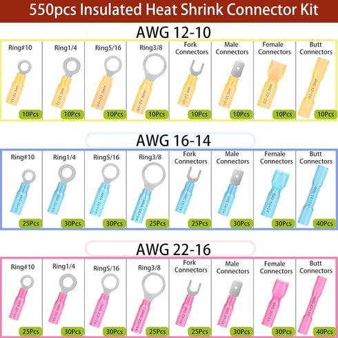 550Pcs Waterproof Heat Shrink Wire Connectors Kit, Automotive Electrical Terminals, Butt Fork Ring Spade