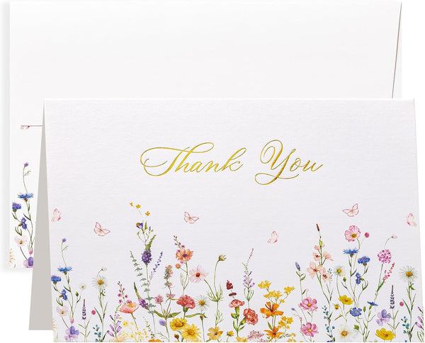 Crisky 50 Floral Wildflower Thank You Cards with Envelopes, Sealing Matching Stickers,