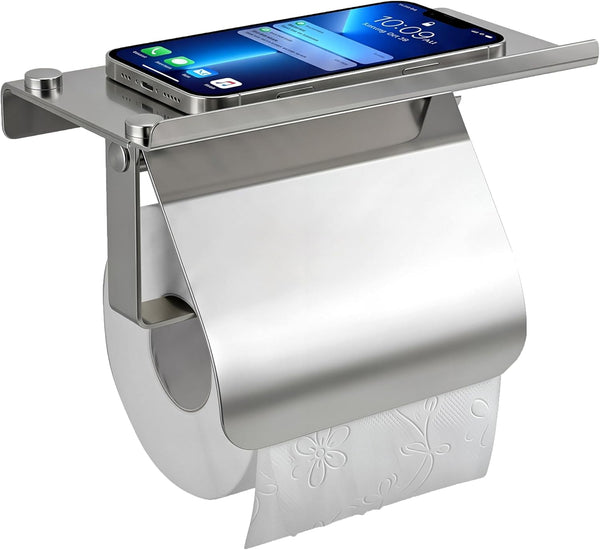 Toilet Paper Holder with Phone Shelf and Waterproof Cover, SUS 304 Stainless