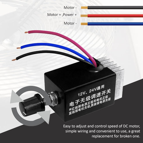 Universal DC Motor Speed Controller, 12V 24V 10A Electronic Stepless Regulator Switch for Car, Truck, Fan, Heater