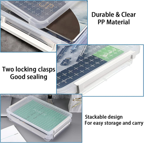 BTSKY 4 Pack A4 Plus Clear Plastic Stackable Storage Box, Desk Paper Magazine Container with Buckle for Organizing