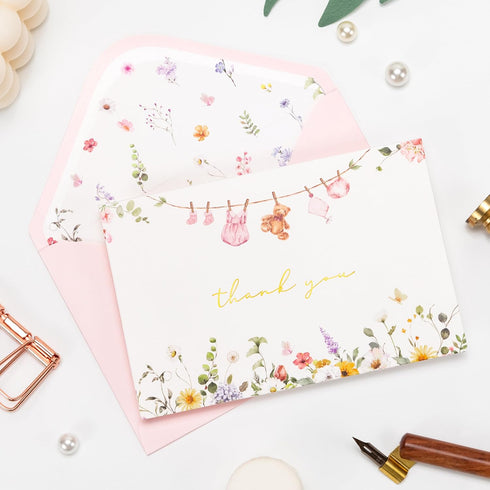 50 Pack Crisky Baby Shower Thank You Cards with Envelopes & Stickers, Pink Gold Baby Thank You Greeting Cards Bulk