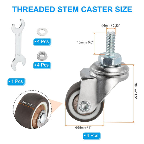 1 Inch 4 Pack 360 M6 15mm 99 Lbs PATIKIL Mini Stem Casters, Low Profile TPR Threaded Swivel Caster Wheel Degree