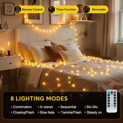 65.6ft 150 16ft 8 IP44 RaThun Warm White Globe String Lights, LED with Extended Lead Wire & Remote, Modes, Waterproof