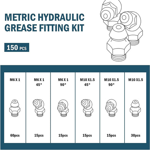 ZELCAN 150pc Metric Grease Fittings Kit, Hydraulic Grease Zerk Assortment for Replacing Missing Fittings