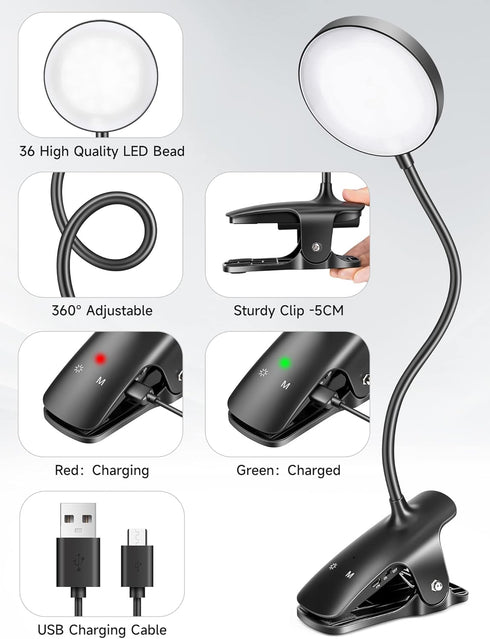 Mubarek Reading Lamp, 400LM 36 LED Reading Light, USB Rechargeable Battery Operated Table Lamp, 5 Levels Brightness