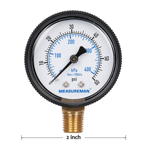 Measureman 2" Swimming Pool Pressure Gauge, 1/4"NPT Lower Mount, 0-60psi/kpa, Plastic Case